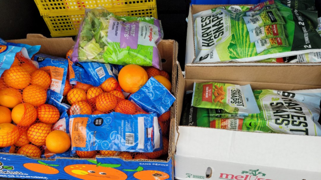 Car trunk depicts boxes of rescued food including oranges and snack bags of dried snap peas.